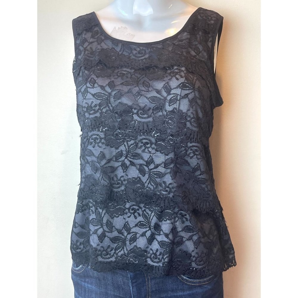 Patra Womens Floral Lace Tank Top Wide Strap Round Neck Black Size 10